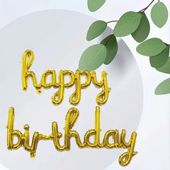 Set 10 Baloane din Folie Metalizata, Kaveny, Figurine Litere, Model Scris de Mana Happy Birthday, Tema Aniversare, 40 cm, Ambalaj Individual, Pai Inclus, Umflare cu Aer sau Heliu, Auriu