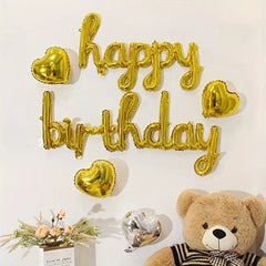 Set 10 Baloane din Folie Metalizata, Kaveny, Figurine Litere, Model Scris de Mana Happy Birthday, Tema Aniversare, 40 cm, Ambalaj Individual, Pai Inclus, Umflare cu Aer sau Heliu, Auriu