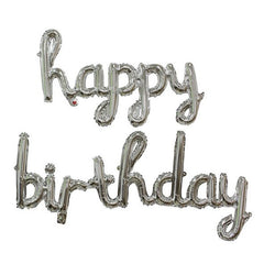 Set 10 Baloane din Folie Metalizata, Kaveny, Figurine Litere, Model Scris de Mana Happy Birthday, Tema Aniversare, 40 cm, Ambalaj Individual, Pai Inclus, Umflare cu Aer sau Heliu, Argintiu