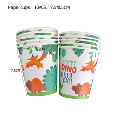 Set 10 Pahare de Carton Happy Birthday, Kaveny, Model Dinozauri, Tematica Aniversare, 7.5x8.5 cm, 200 mL, Multicolor