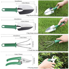 Set 10 Unelte de Gradina, Kadeny, pentru Plantare Prelucrare Sol si Ingrijire Plante, Manere Verzi, Material PVC si Otel Inoxidabil, Cutie Inclusa, 37x28x7 cm, Negru