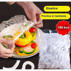 Set 100 Folie de Protectie Elastica pentru Alimente si Boluri Kadeny, material plastic, prospetime, diametrul 12 - 40 cm