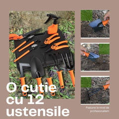 Set 12 accesorii pentru gradinarit Kadeny, geanta depozitare inclusa, otel inoxidabil, 37 x 27 cm, portocaliu