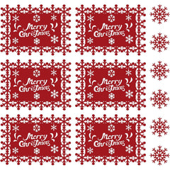 Set 12 Servete pentru Masa si Suporturi de Pahare/Tacamuri, Kadeny, Scris Merry Christmas, 6 Servete 25x35 cm, 6 Suporturi de 10x10 cm, Rosu
