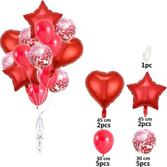 Set 14 Baloane din Folie Metalizata si din Latex, Kaveny, Figurine Stea si Inima 45 cm, Baloane Latex 30 cm, Tema Buchet, Ambalaj Individual, Pai Inclus, Umflare cu Aer sau Heliu, Rosu