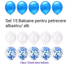 Set 15 baloane pentru petrecere, Kaveny, albastru/ alb, 30 cm