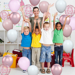 Set 16 Baloane din Latex Metalizate, Kaveny, Model Party, 30 cm, Alb, Roz, Roz Chrome, Transparent Confetti 2.8 g
