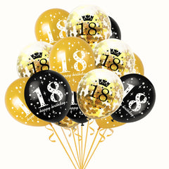 Set 18 Baloane Majorat, Kaveny, din Latex, Metalizate, Mesaj 18 Happy Birthday, 30 cm, cu Confetti, Auriu/Negru