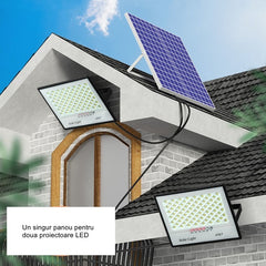 Set 2 proiectoare LED cu Panou Solar Kaveny, Senzor de miscare, Telecomanda, Waterproof, 322*2 LED-uri incorporate, 200W, 30*24 cm, IP67, Design Modern, Negru