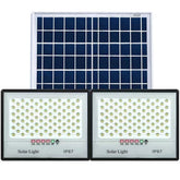 Set 2 proiectoare LED cu Panou Solar Kaveny, Senzor de miscare, Telecomanda, Waterproof, 322*2 LED-uri incorporate, 200W, 30*24 cm, IP67, Design Modern, Negru