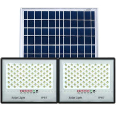 Set 2 proiectoare LED cu Panou Solar Kaveny, Senzor de miscare, Telecomanda, Waterproof, 322*2 LED-uri incorporate, 200W, 30*24 cm, IP67, Design Modern, Negru