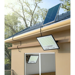 Set 2 proiectoare LED cu Panou Solar Kaveny, Senzor de miscare, Telecomanda, Waterproof, 200 LED-uri incorporate, 65W, 24x18 cm, IP67, Design Modern, Negru