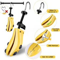 Set 2 Sanuri/Calapoade Reglabilile, Kaveny, pentru Alungit si Largit Pantofi, Geanta si Incaltator Incluse, Universale, Unisex, din ABS Premium, Arc, Marime 40 - 47, Galben/Negru