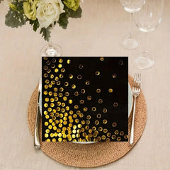 Set 20 de Servetele de Masa, Kaveny, Imprimeu cu Buline Aurii, din Hartie, 17 x 17 cm, Negru