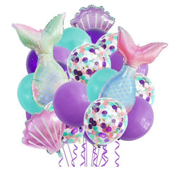 Baloane decorative Aqua Sirene, Kaveny, Set MIX 22 baloane, din folie de alumiu, 2 Sirene, 2 Scoici, 18 baloane din latex, 50 x 85 cm Adeziv si pai inclus, Mov Multicolor
