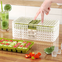 Set 3 forme pentru gheata si o caserola pentru depozitare Kaveny, 96 de cuburi, verde
