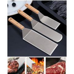 Set 3 spatule pentru gratar Kaveny, din metal, margini subtiri, suprafata antiaderenta, rezistente la temperaturi ridicate, maner ergonomic din lemn, 3 forme, agatatoare, gri