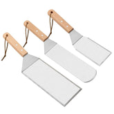Set 3 spatule pentru gratar Kaveny, din metal, margini subtiri, suprafata antiaderenta, rezistente la temperaturi ridicate, maner ergonomic din lemn, 3 forme, agatatoare, gri