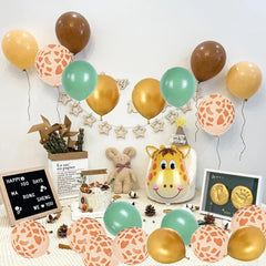 Set 30 Baloane Folie si Latex, Kaveny, Tematica Prima Aniversare, Baloane Latex 30cm, 25cm, Figurina Girafa 32x34 cm, Frunza Palmier 15 cm, Cifra 1 76 cm, Multicolor