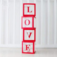 Set 4 Cutii pentru Baloane, Kaveny, Model Scris Love, Tematica Iubire, Cuburi Decorative din Plastic, Accesorii pentru Petrecere, 30x30 cm, Transparente Contur Rosu