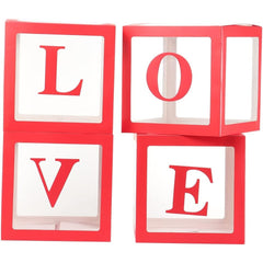 Set 4 Cutii pentru Baloane, Kaveny, Model Scris Love, Tematica Iubire, Cuburi Decorative din Plastic, Accesorii pentru Petrecere, 30x30 cm, Transparente Contur Rosu