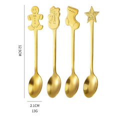 Set 4 Lingurite, Kadeny, Tema Craciun, din Otel Inoxidabil, 4 Modele Festive, Cutie Cadou, 14 x 14 x 2.5 cm, Auriu