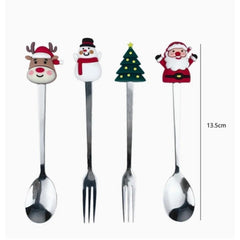 Set 4 Tacamuri, Kadeny, cu Figurine de Craciun, din Otel Inoxidabil, 2 Furculite, 2 Linguri, Cutie Festiva, 13.5 cm, Rosu