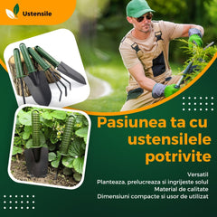 Set 4 Unelte de Gradina Kadeny, pentru Plantare Prelucrare Sol si Ingrijire Plante, Material PVC si cardboard, 25 x 8.5 cm, verde