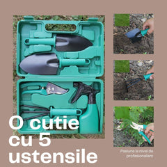 Set 5 accesorii pentru gradinarit Kadeny, geanta depozitare inclusa, otel inoxidabil, 18.5 x 29.5 cm, verde