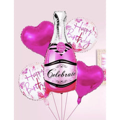 Set 5 Baloane din Folie Metalizata, Kaveny, Figurine Sticla de Sampanie, Model Inimi, Tema Aniversare, Pai Inclus, Ambalaj Individual, Umflare cu Aer sau Heliu, Multicolor
