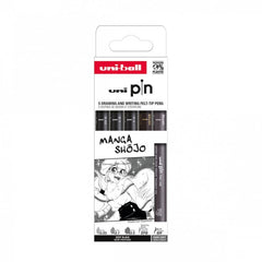 Set 5x Liner UNI PIN-200 ASP016, pe baza de apa, varf 0.03-0.5mm + pensula + pensula extra-fin, negru, gri inchis