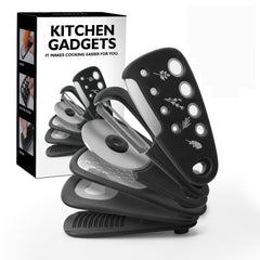 Set 6 in 1 mini ustensile bucatarie Kaveny, taietor pizza, cutit, curatator, razatoare, desfacator, presa usturoi, manere din ABS, lame ascutite din otel inoxidabil, 7.1 x 12.9 x 4.8 cm, negru