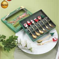 Set 6 Tacamuri, Kadeny, Tema Craciun, 3 Linguri + 3 Furculite, cu Figurine, din Otel Inoxidabil, Cutie Cadou, 19 x 22 x 2.2 cm, Auriu