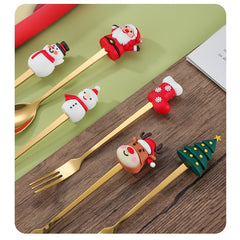 Set 6 Tacamuri, Kadeny, Tema Craciun, 3 Linguri + 3 Furculite, cu Figurine, din Otel Inoxidabil, Cutie Cadou, 19 x 22 x 2.2 cm, Auriu