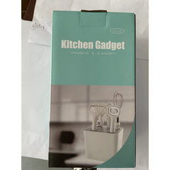 Set 6 ustensile bucatarie Kaveny, cu suport inclus, desfacator, curatator legume, foarfeca, cutit, tel, ABS si inox, alb