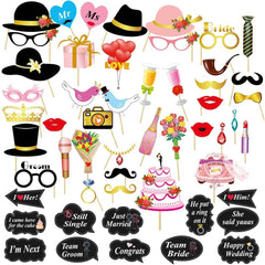 Set 60 de Accesorii pentru Petrecere, Kaveny, Tematica Nunta, Props pentru Coltul de Poze, Ochelari, Palarii, Mustata, Cravata, pentru Evenimente, Multicolor