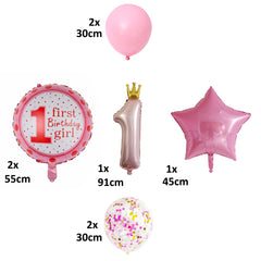 Set 8 Baloane din Folie Metalizata si din Latex, Kaveny, Figurine Cifra 1 Printesa 91cm, Stea 45 cm si Cerc 55 cm, Baloane Latex 30 cm, Tema Prima Aniversare, Ambalaj Individual, Pai Inclus, Umflare cu Aer sau Heliu, Roz