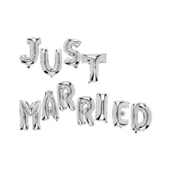 Set Baloane din Folie Metalizata, Kaveny, Figurine Litere, Model Just Married, Tema Nunta, 40 cm, Baloane Party, Ambalaj Individual, Pai inclus, Umflare cu Aer sau Heliu, Argintiu