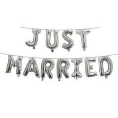 Set Baloane din Folie Metalizata, Kaveny, Figurine Litere, Model Just Married, Tema Nunta, 40 cm, Baloane Party, Ambalaj Individual, Pai inclus, Umflare cu Aer sau Heliu, Argintiu