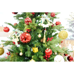 Set brad artificial de Craciun si elemente decorative, decorat cu conuri pin rosii, inaltime 210 cm, diametru 137 cm, 1172 ramuri, Kadeny, verde, suport metalic inclus