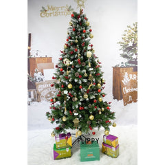 Set brad artificial de Craciun si elemente decorative, nins, decorat cu conuri pin rosii, inaltime 210 cm, diametru 106 cm, 643 ramuri, Kadeny, verde, suport metalic inclus