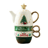 Set de Ceai, Kadeny, Tema Craciun, Ceainic 450 ml, 2 x Cani 250 ml, din Ceramica, Model Brad de Craciun, Alb/Verde
