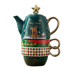 Set de Ceai, Kadeny, Tema Craciun, Ceainic 450 ml, 2 x Cani 250 ml, din Ceramica, Model Ren, Verde/Turcoaz