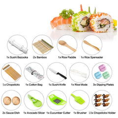 Set Ustensile pentru Sushi, Kaveny, Set din 31 Accesorii pentru Sushi, Set pentru Sushi HOME MADE, Cutit Inclus, Forme, Betisoare, Multicolor