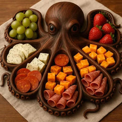Platou pentru Servire, Kaveny, in Forma de Caracatita, 8 Compartimente pentru Mezeluri Branzeturi Snacksuri, Design Artistic, din Lemn Masiv, 26 x 25 x 3 cm, Maro inchis