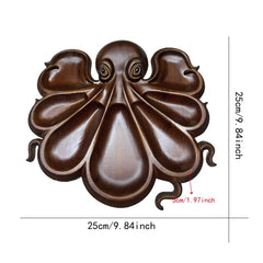 Platou pentru Servire, Kaveny, in Forma de Caracatita, 8 Compartimente pentru Mezeluri Branzeturi Snacksuri, Design Artistic, din Lemn Masiv, 26 x 25 x 3 cm, Maro inchis