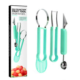 Ustensila bucatarie 4 in 1 pentru taiat si decorat fructe Kaveny, material inox si plastic, compact, 28x6.2 cm, verde