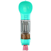 Sticla portabila 4 in 1 Kaveny, pentru caini si pisici, cu 3 compartimente + lopetica, 300ml, apa, hrana, pungi igienice, lopetica, 26.7 x 9.7 x 9.4 cm, turcoaz