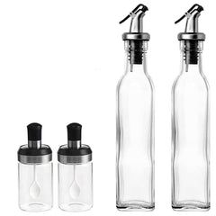Sticle si Borcane de Ulei de Masline, Kadeny, Dozator Set 4 Bucati, 2 Sticle cu Dispenser 500 ml/buc, 2 Borcane pentru Condimente cu Capac si Lingura 120ml/buc, Transparent