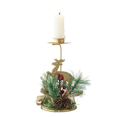 Suport Decorativ pentru Lumanare de Craciun, Kadeny, Ornament pentru Lumanare, Model Ren Auriu cu Crengute de Brad, din Art Metal, pentru Masa, fara Lumanare 15 x 8 cm, Auriu